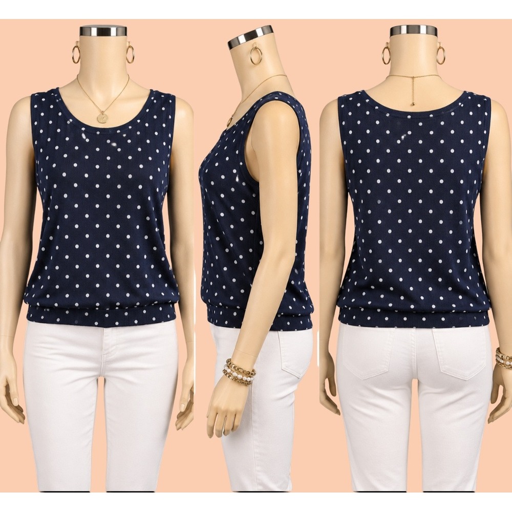 Talbots 2X Petite Navy Blue Polka Dot Knit Sleeveless Banded Hem Sweater Shell - Picture 3 of 5